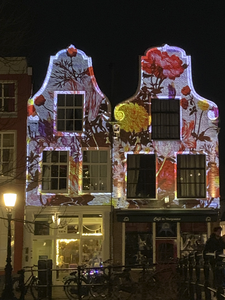 909500 Afbeelding van een lichtprojectie op de voorgevels van de panden Oudegracht 323 en 325 te Utrecht, in het kader ...